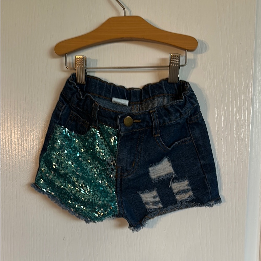 Kids Denim Shorts with Green Sequin Detail